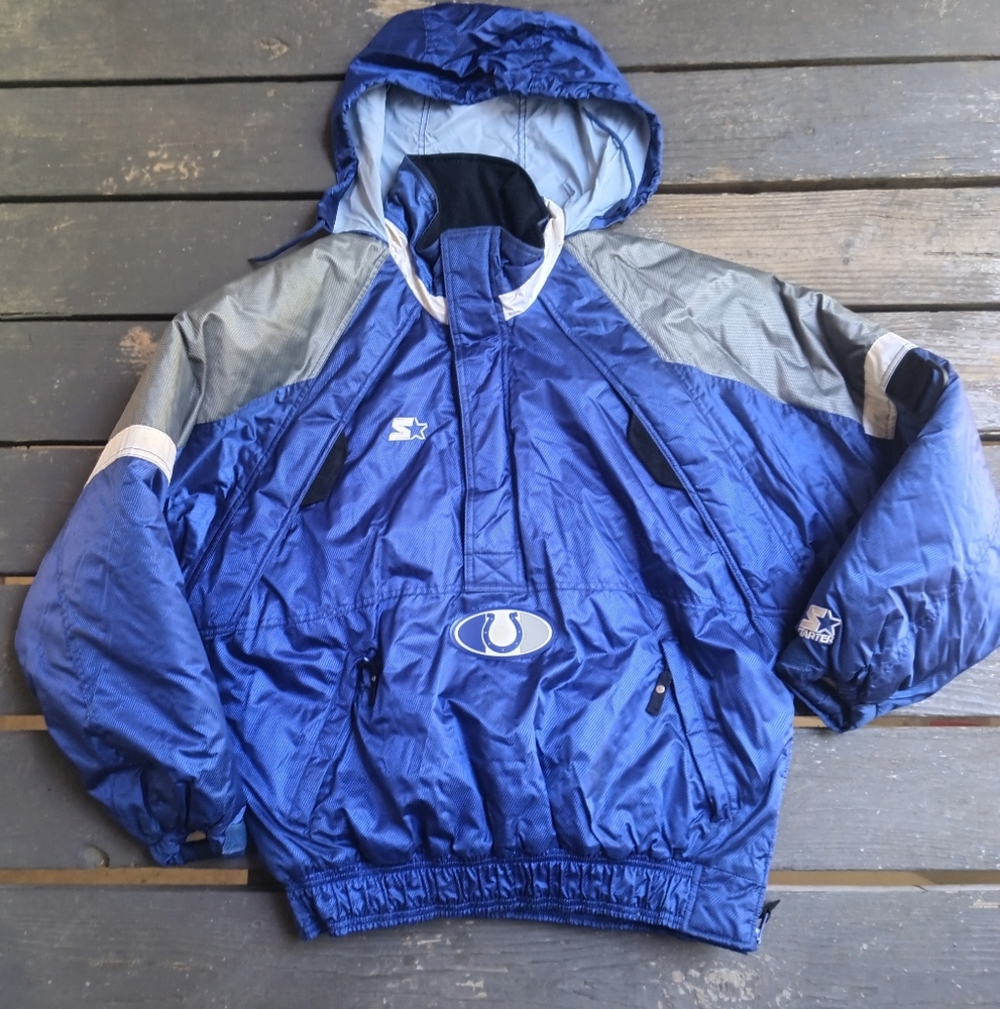 Vintage Starter Indianapolis Colts Blue and Gray Hooded Puffer Coat Men's Size M